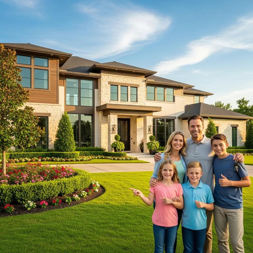A happy family celebrating their successful purchase of a luxury home in North Houston