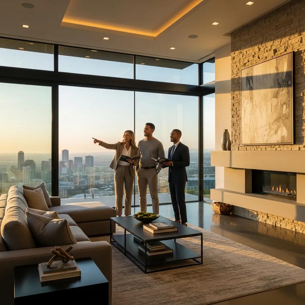 First-time buyer couple touring a luxury home with a real estate agent