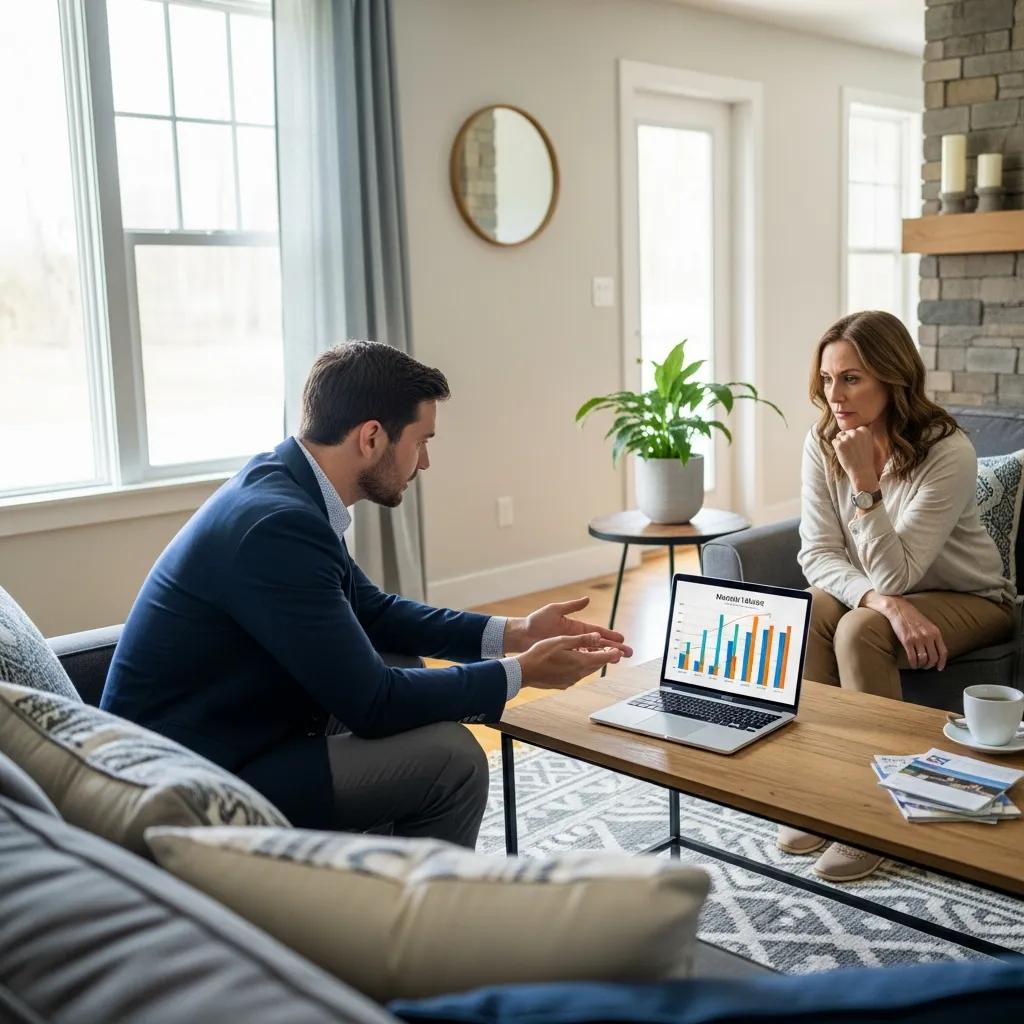 Real estate agent advising homeowner on pricing strategies in a cozy living room