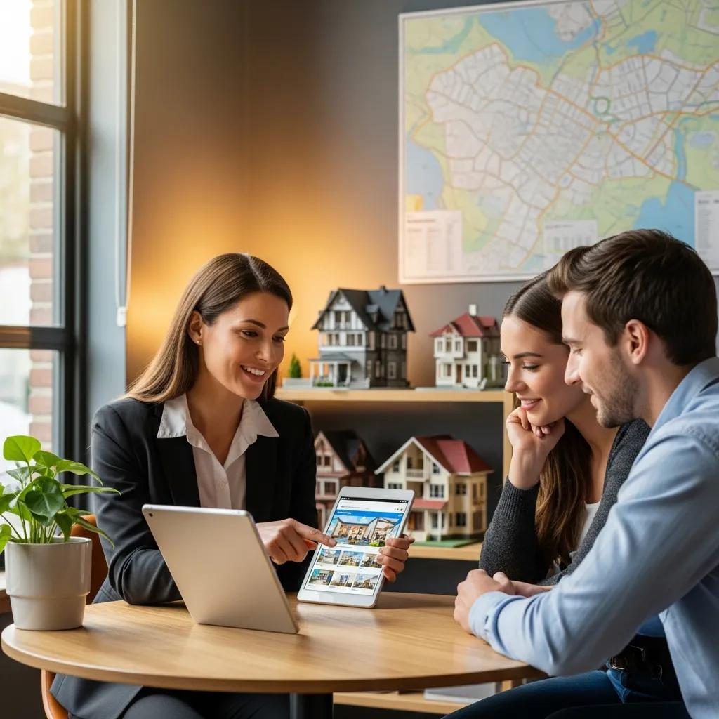 Real estate agent assisting a couple with home buying options in a professional office setting