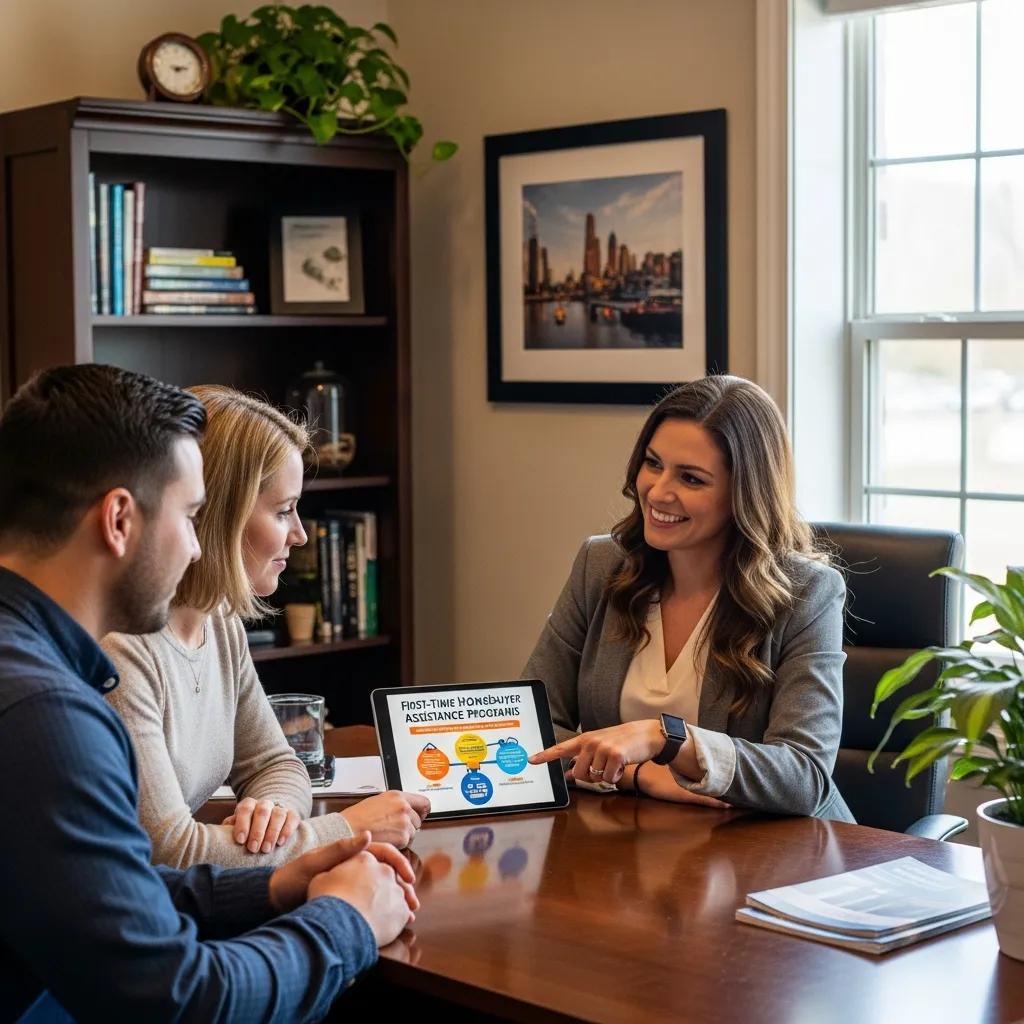 Real estate agent discussing homebuyer assistance programs with a young couple in a cozy office