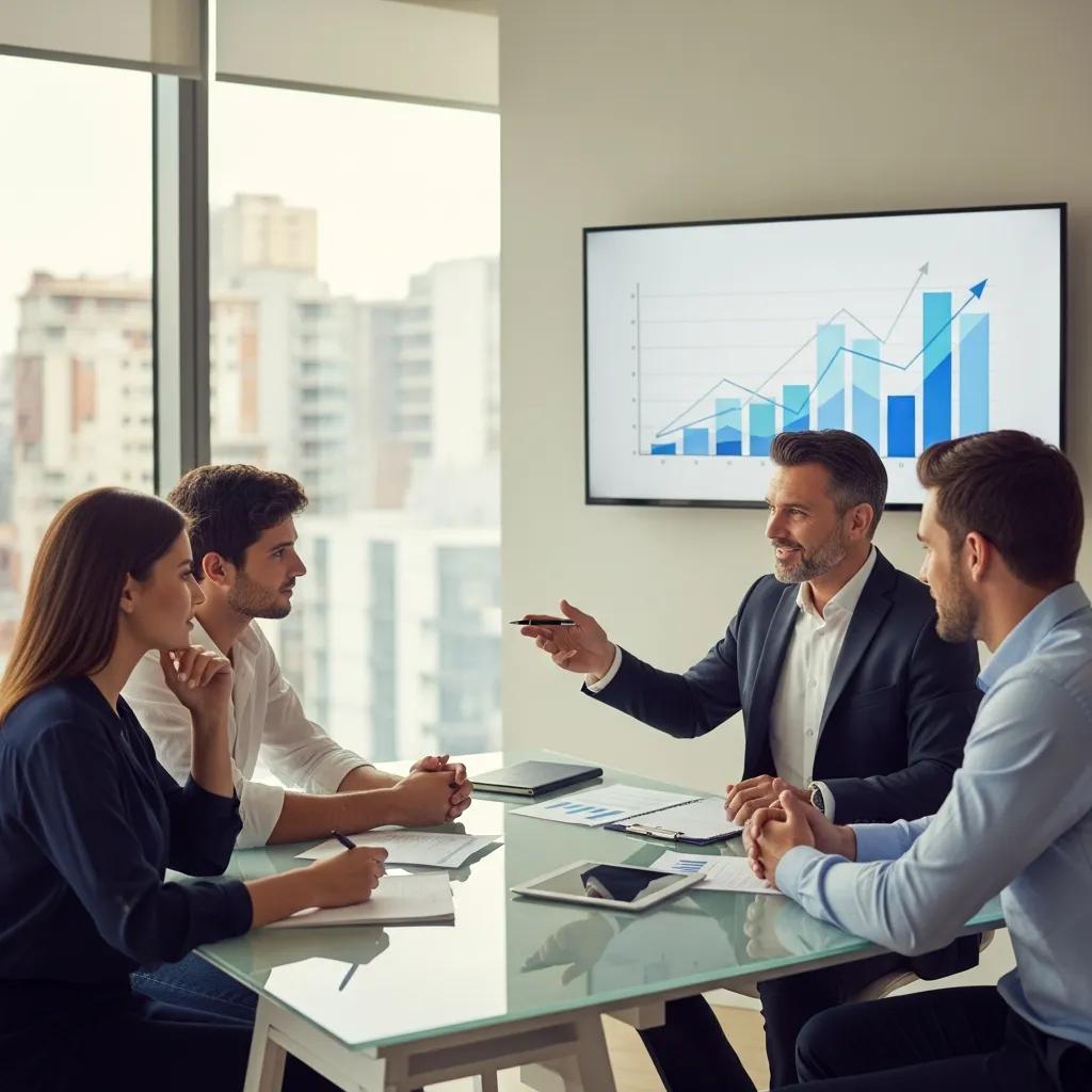 Real estate agent discussing market trends with clients in a modern office