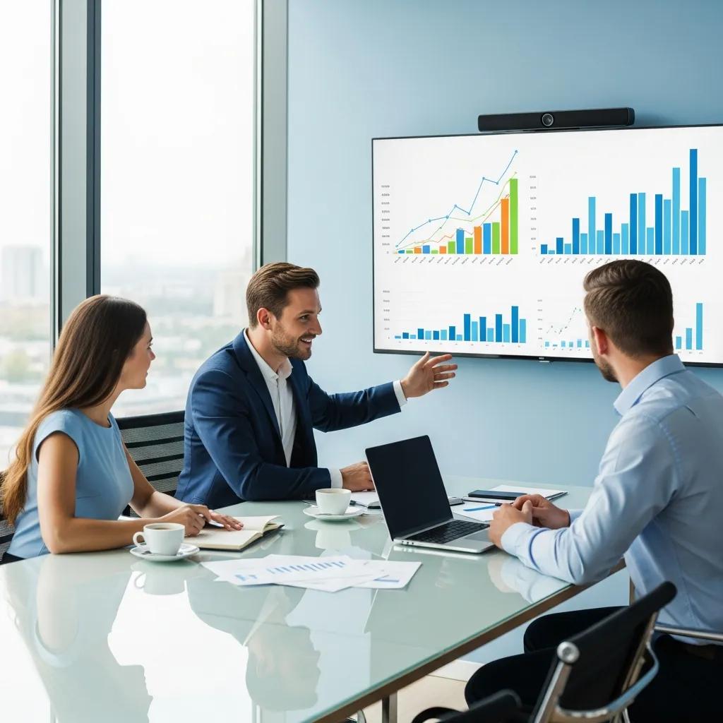 Real estate agent discussing market trends with clients in a modern office setting