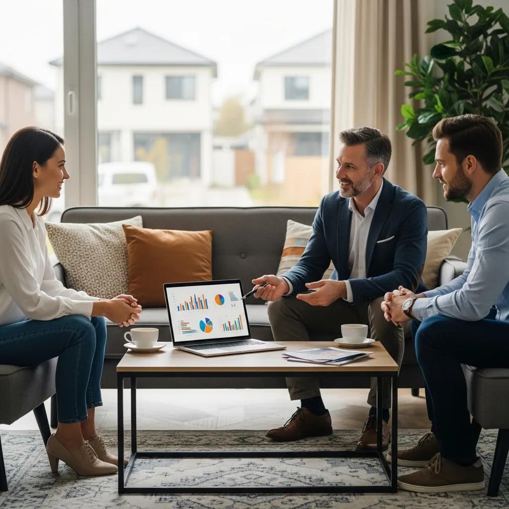 Real estate agent explaining market trends to clients in a cozy living room setting