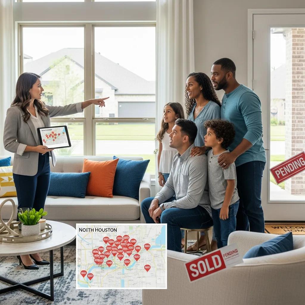 Real estate agent showing a family a home in North Houston