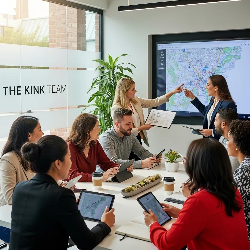 The Kink Team members collaborating with clients in a modern office setting