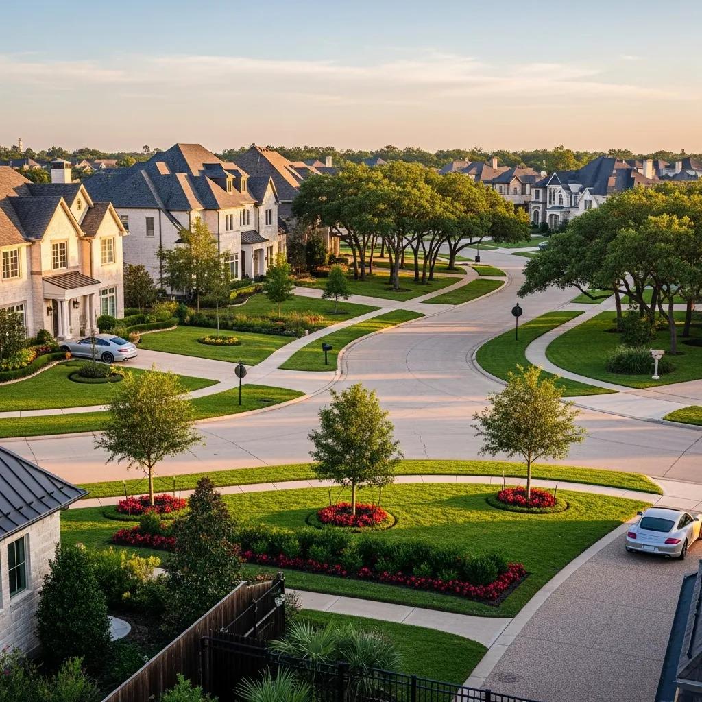 Upscale neighborhood in North Houston with luxury homes and tree-lined streets