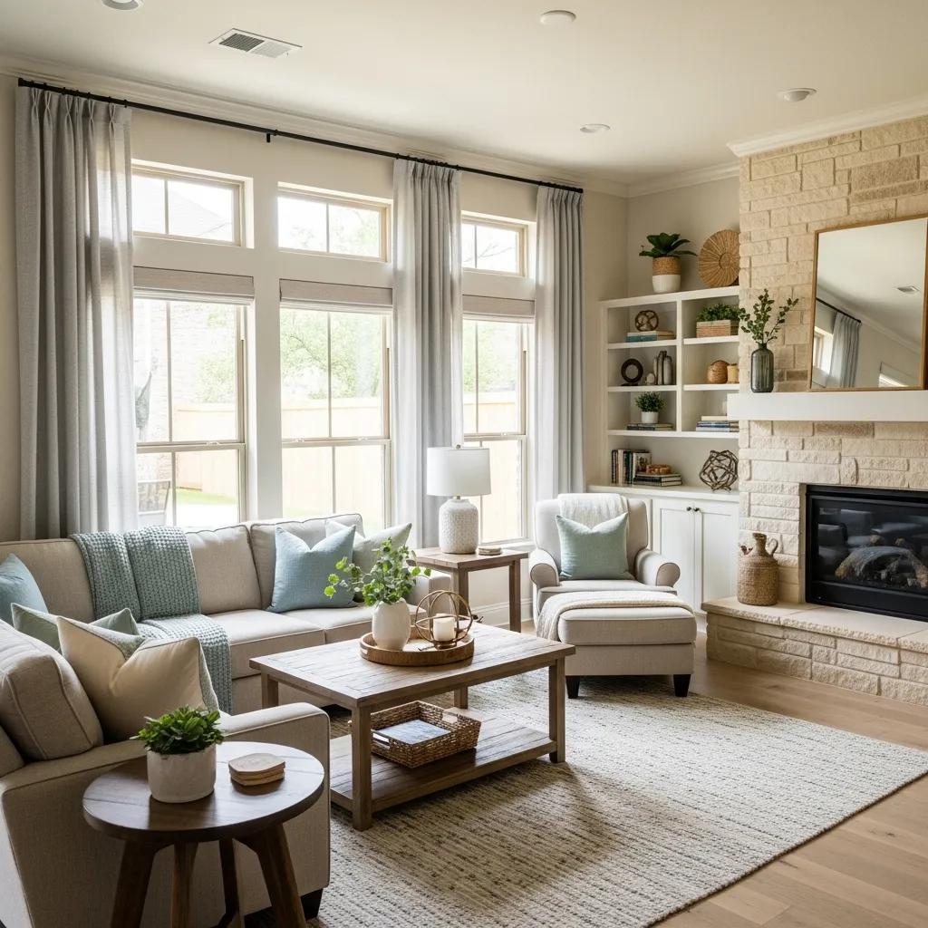 Well-staged living room in a Conroe home showcasing inviting decor and spacious layout