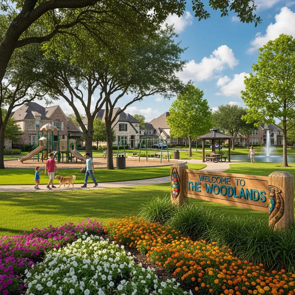 Charming neighborhood in The Woodlands, TX, showcasing homes and greenery