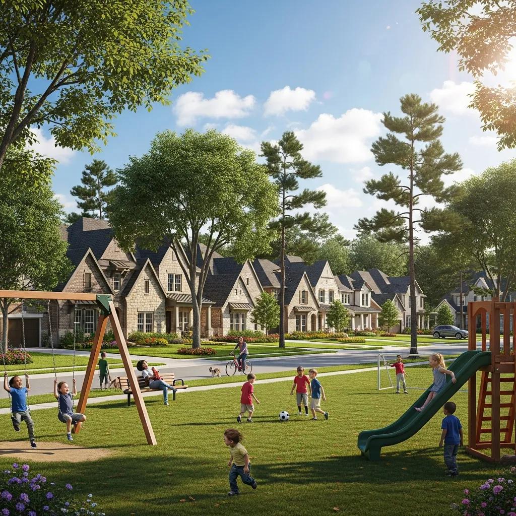 Suburban neighborhood in The Woodlands, TX, showcasing family-friendly homes and outdoor activities